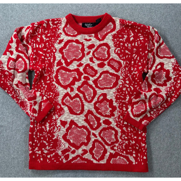 Vintage Rainbow Ridge Animal Print Sweater Women's Small Red Knit Crew Neck - Picture 1 of 8